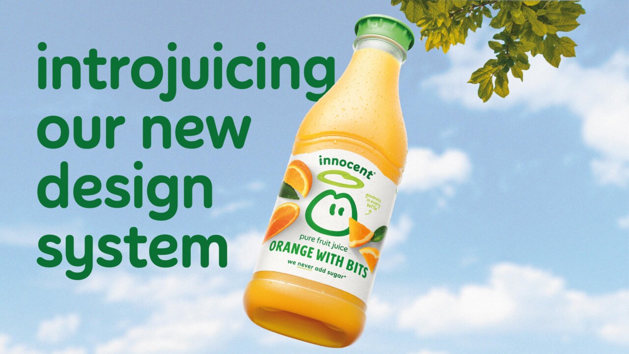 Innocent Orange juice bottle showing its carafe packaging design format 