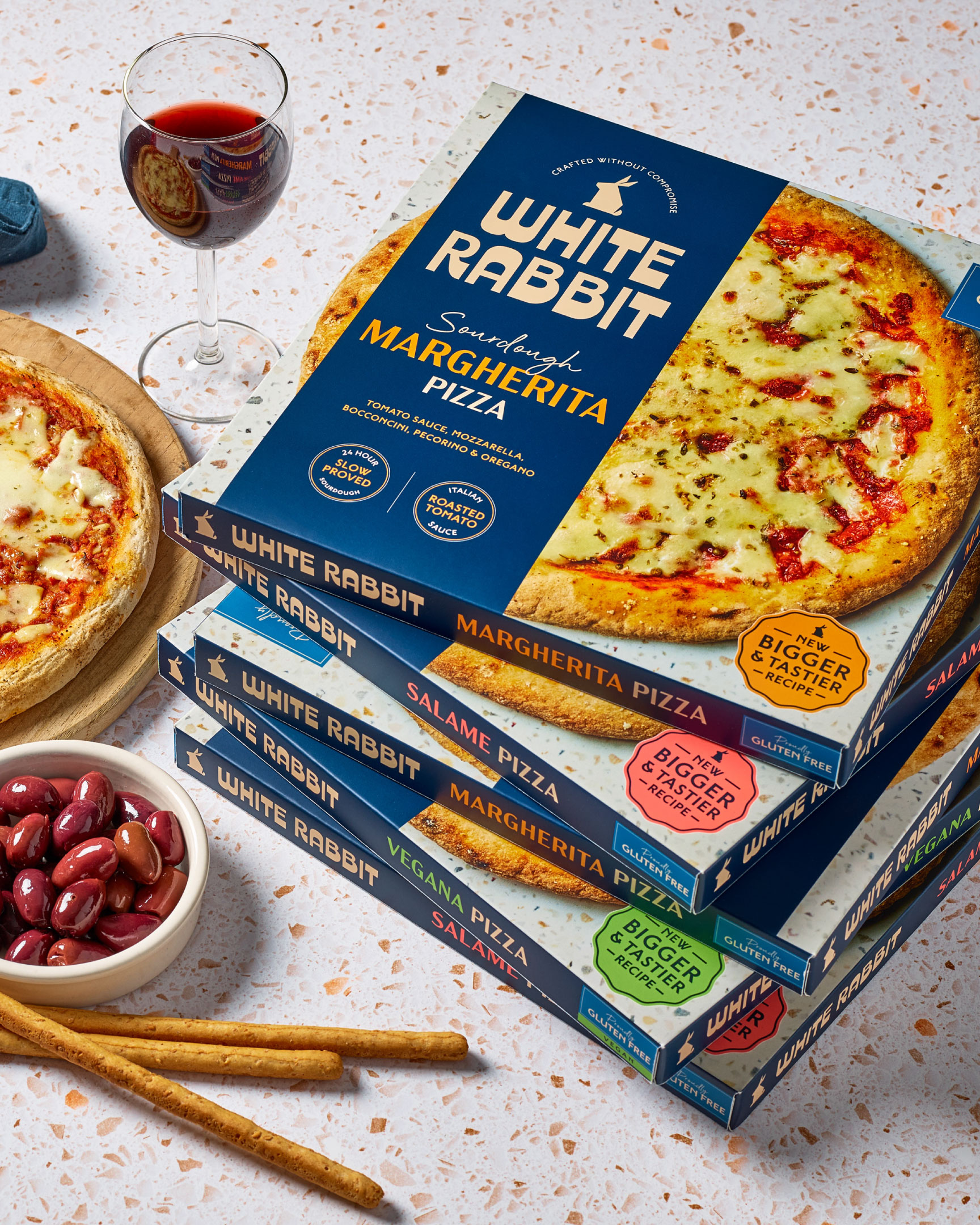 Branding and packaging design for White Rabbit Pizza Co., A proudly gluten-free Italian brand
