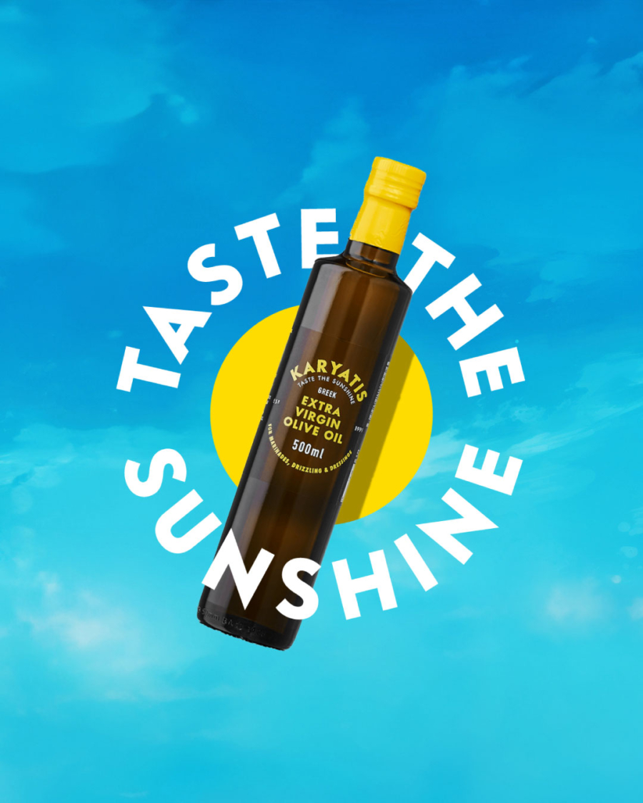 Karyatis extra virgin olive oil brand campaign with Taste the Sunshine typography by Deuce Studio