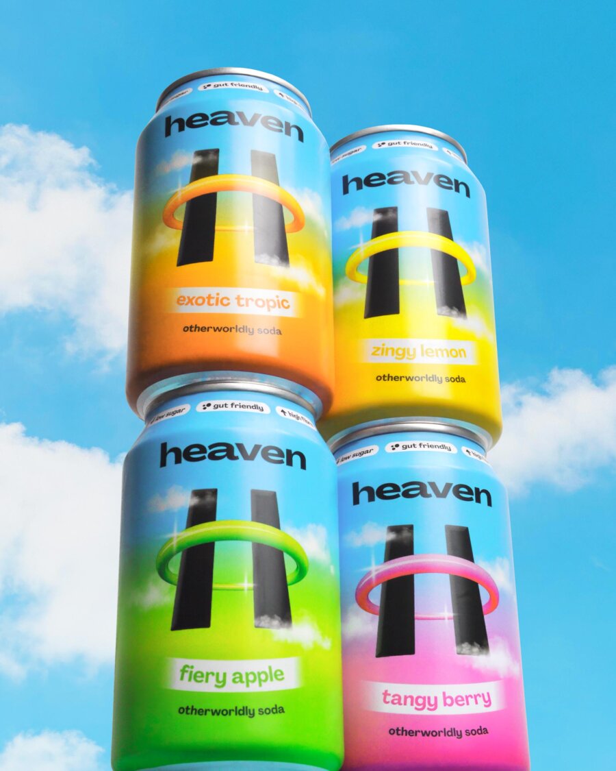 Heaven packaging design with gut-friendly soda cans stacked showing range