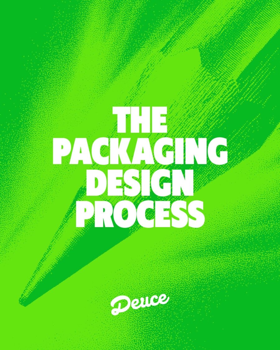 Green graphic with a pencil and the words The Packaging Design Process, by Deuce Studio