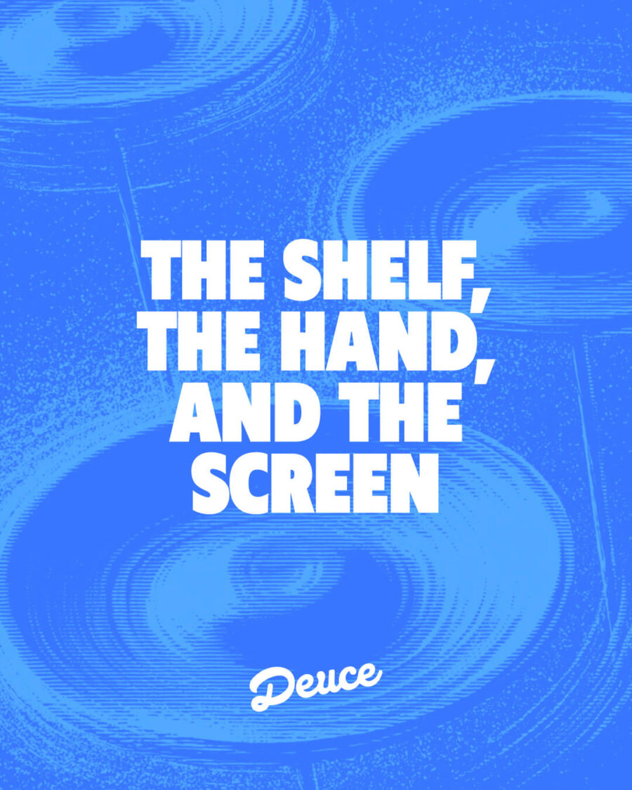 'The Shelf, the Hand and the Screen' journal cover on a blue concentric vinyl-groove graphic