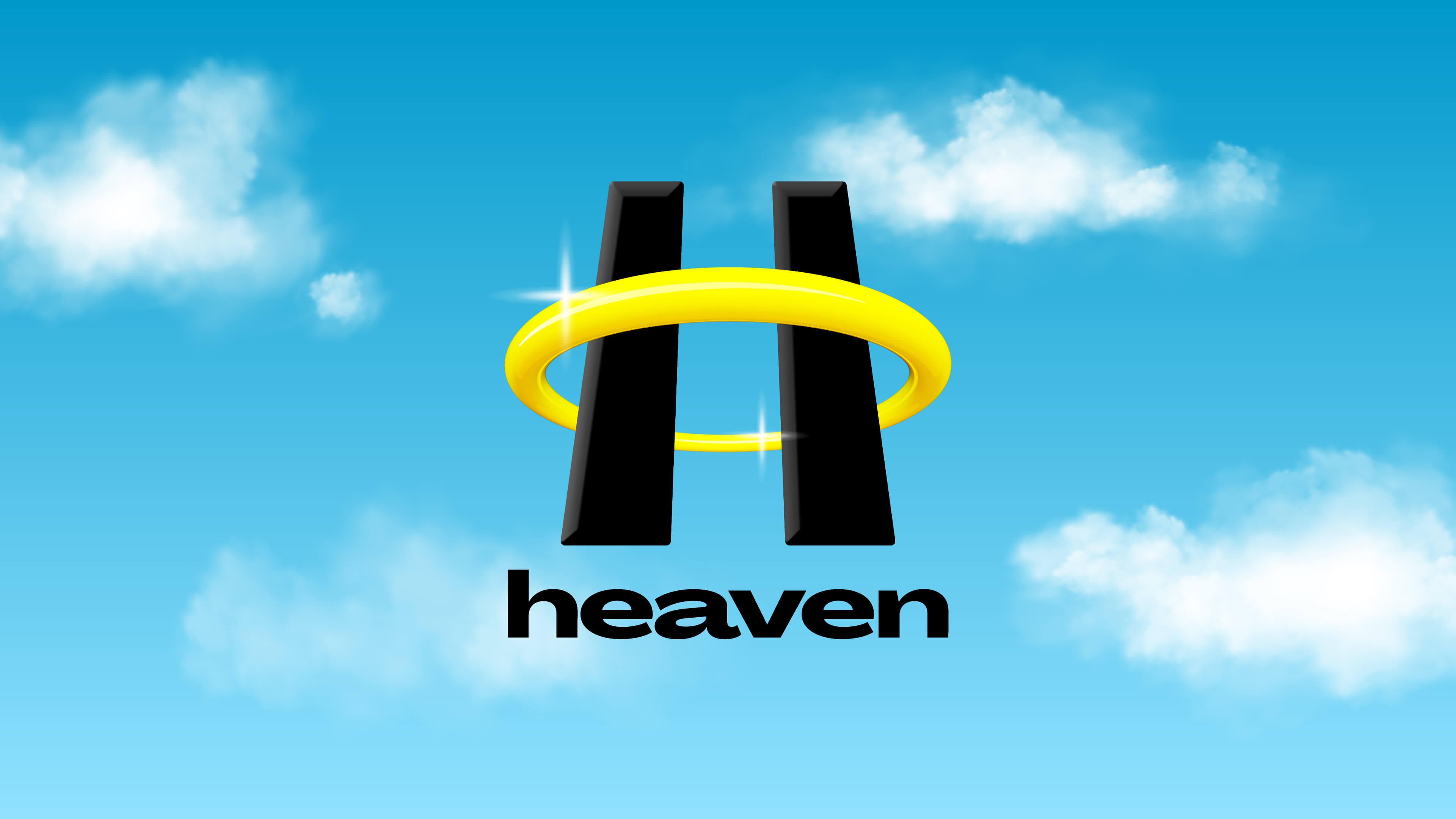 Heaven logo — glossy 3D black 'H' with a gold halo and sparkles on a blue cloudy sky