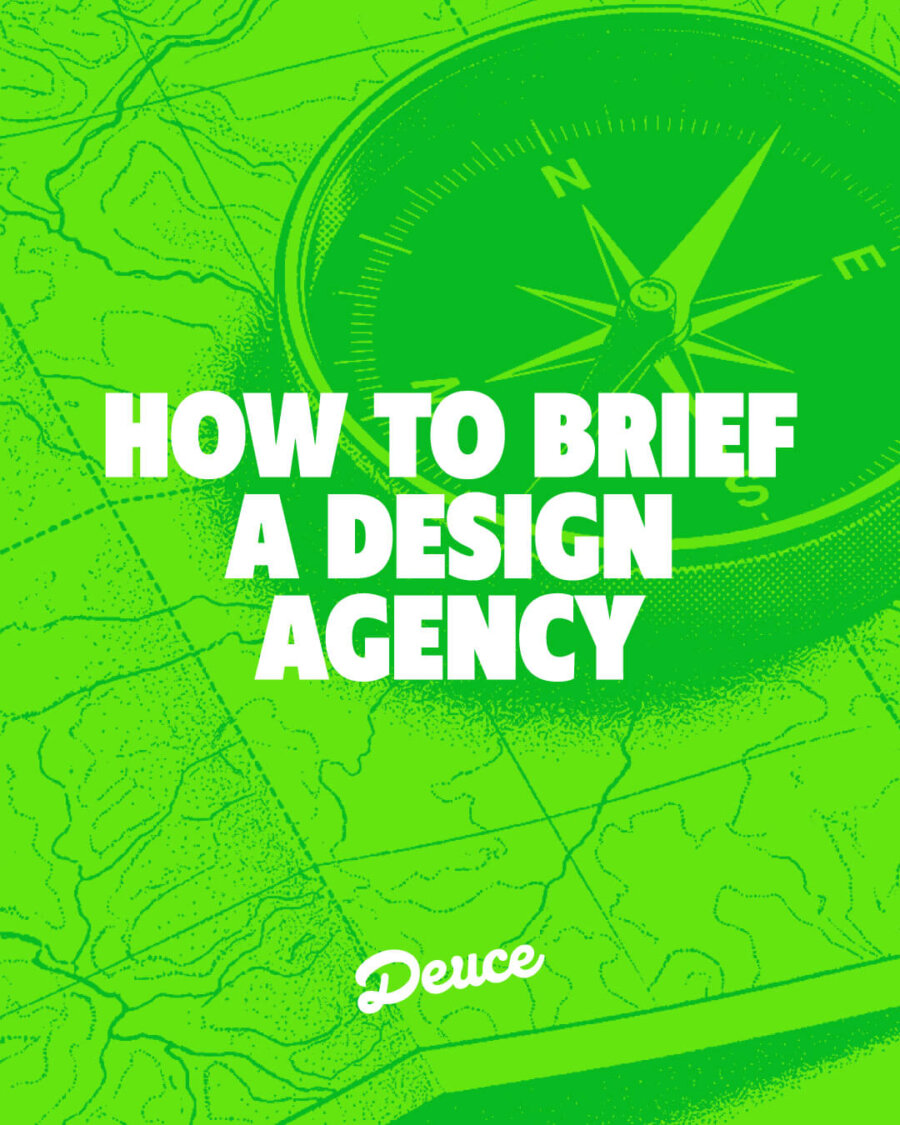 Deuce Studio blog cover with a compass over a map in green, titled How to Brief a Design Agency